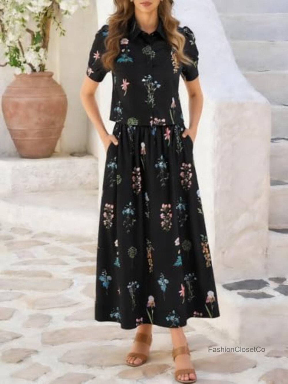 Womens 2 Piece Floral Skirt Set Puff Sleeve Blouse Elastic Waist Matching - Picture 5 of 6